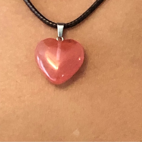 Heart Shaped Necklace in Natural Stone Peach Color  with Black Cord - Picture 3 of 7